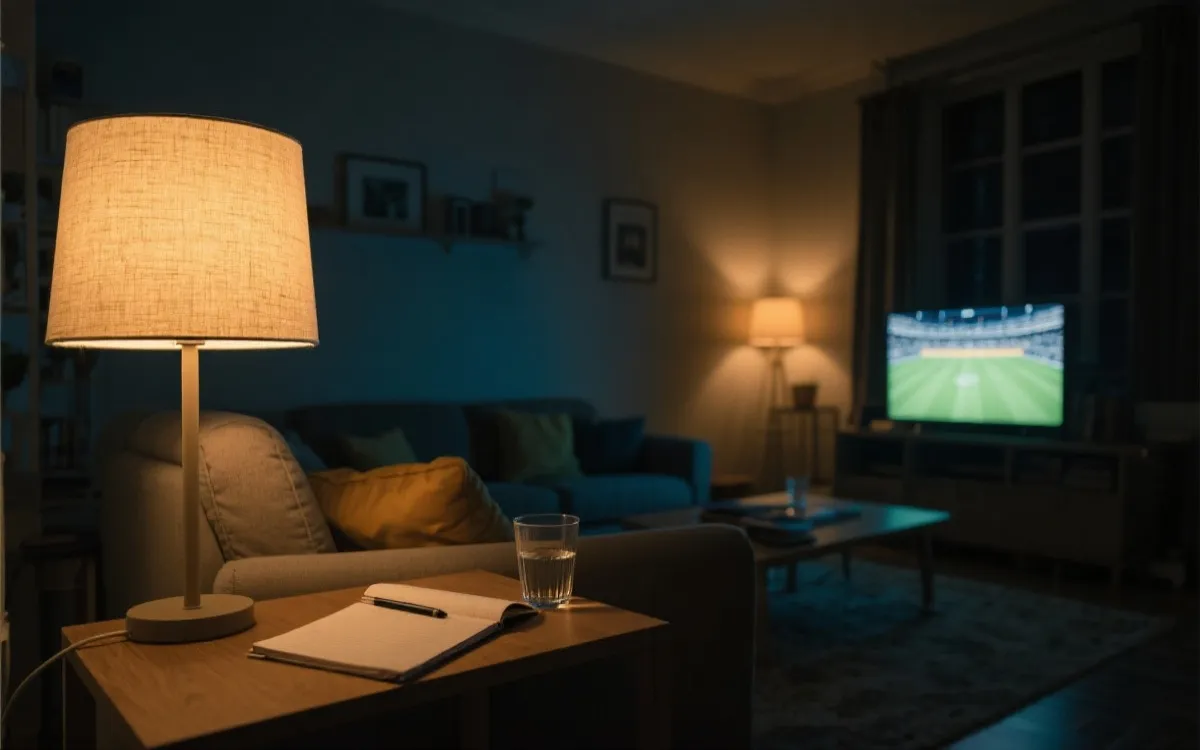 深夜观赛的舒适客厅场景，低亮度灯光与作息规划便签